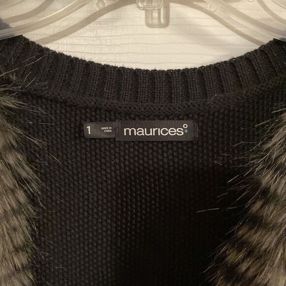 Maurice’s Faux Fur Vest Size 1 Open Front Striped Knit Back Crew Neck - Picture 2 of 11
